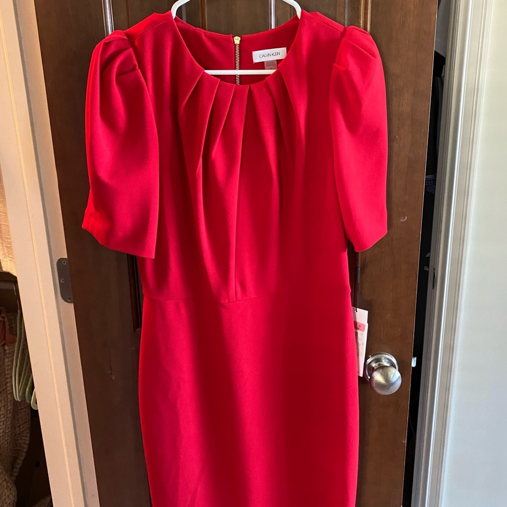 Calvin Klein Red Puff Sleeve Dress NWT